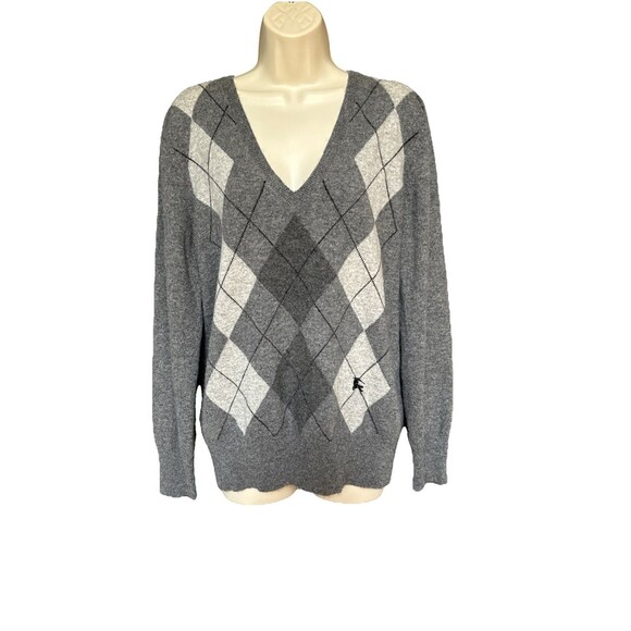 Burberry London Size Large Cashmere Classic Argyle Gray V-Neck Sweater Logo - Picture 12 of 12